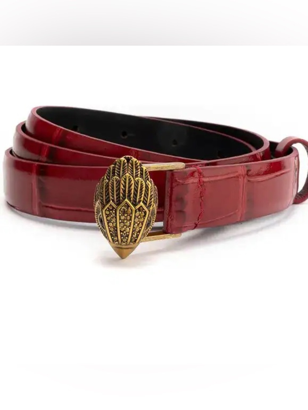 Kurt Geiger Red Croc-Embossed Leather Belt with Ornate Gold Buckle